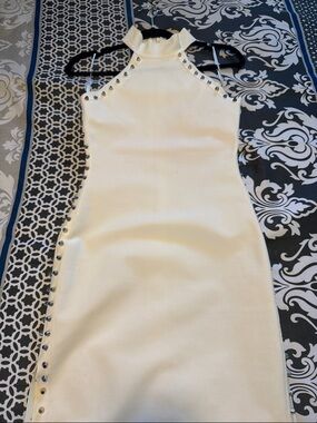 Fashion Nova Cream Stud-Trim Halter Midi Dress